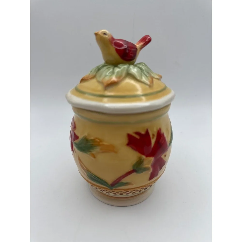 Fitz & Floyd Bellacara Sugar Bowl or Condiment Jar w Bird Lid Yellow‎ HTF